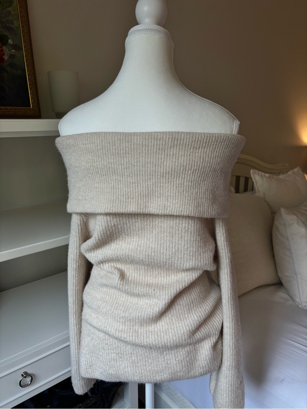 Off-Shoulder Ribbed Cream Sweater - Picture 2 of 3